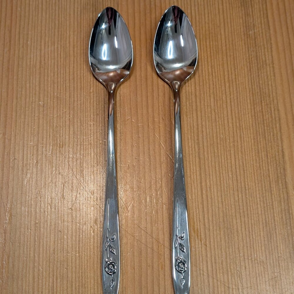 Lot of 2 Oneida Community MY ROSE Stainless 7.5" Iced Tea / Sundae Spoon Set EUC